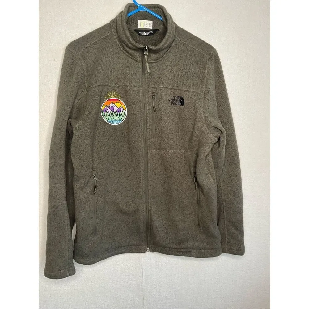 The North Face Knit Jacket mens M ZipUp Sherpa Lined Fleece Khaki Green‎ Sweater